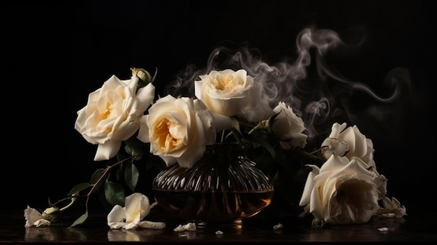Mooie witte rozen op een zwarte achtergrond met rook en mistgenererende ai