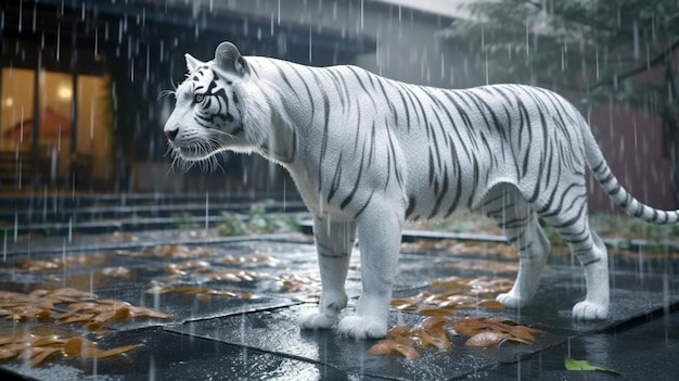 Mooie Witte Tijger op de zachte regen Generatieve AI