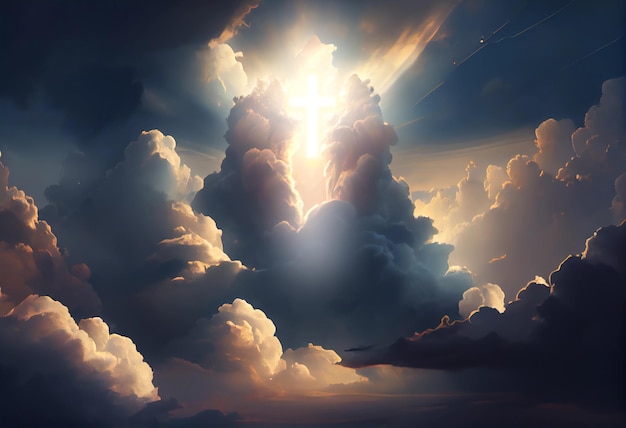 Mooie wolken met het silhouet van Jezus kruisen in de hemel Christelijke illustratie