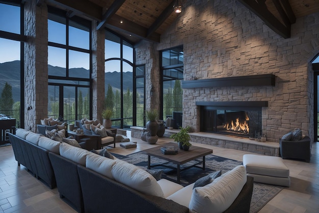 Mooie woonkamer in een nieuw traditioneel luxe huis met stenen accenten, gewelfde plafonds, open haard met brullend vuur en prachtig uitzicht naar buiten op het overloopzwembad en de vallei