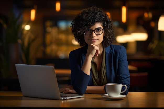 Mooie zakenvrouw die op de computer werkt en koffie drinkt.