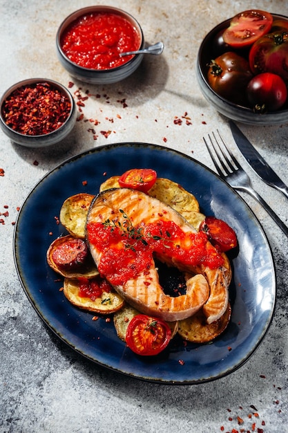 mooie zalmfilet met tomatensaus en aardappelen