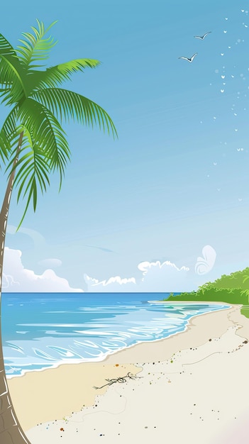 Mooie zee zomer of lente cartoon stijl achtergrond Gouden zandstrand met blauwe oceaan en wolken