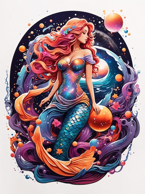 Mooie zeemeermin in levendige kleurrijke vectorillustratie voor tshirt ontwerp