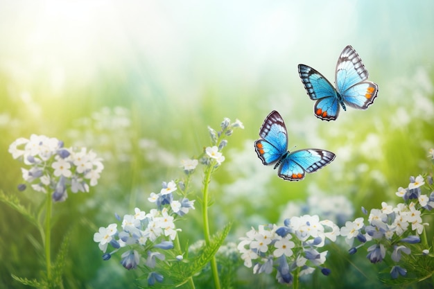 Mooie zomer- of lenteweide met blauwe vergeetmenietjes bloemen en twee vliegende vlinders