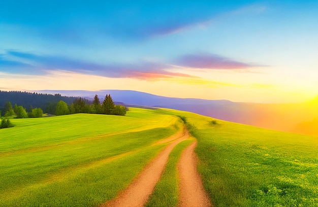 Mooie zomerse landelijke berglandschap met onverharde weg en zonsondergang bewolkte hemel