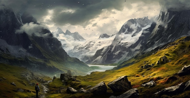 Mooie zomerse mistige landschap in de bergen van de Alpen reizen in de bergen AI gegenereerde afbeelding