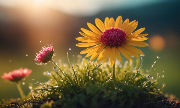 Mooie zomerweide met wilde bloemen en zonnestralen.