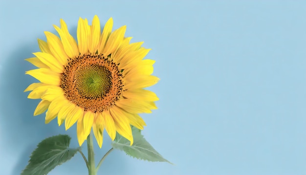 Mooie zonnebloem op blauwe achtergrond met kopieerruimte