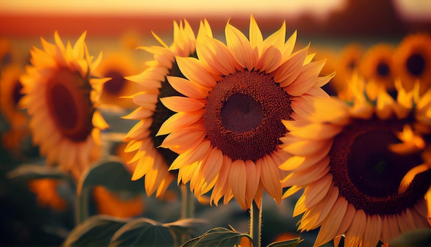 Foto mooie zonnebloemen close-up in het veld genereer ai