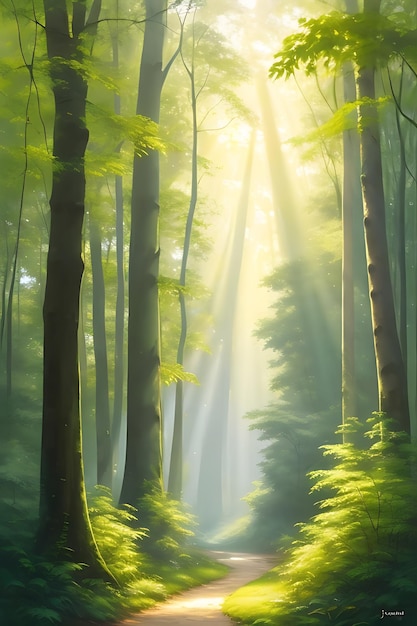 Mooie zonnestralen in een bos-generatieve AI