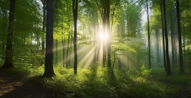 Mooie zonnestralen in een groen bos genereren ai