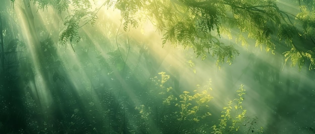 Mooie zonnestralen in een groen bos.