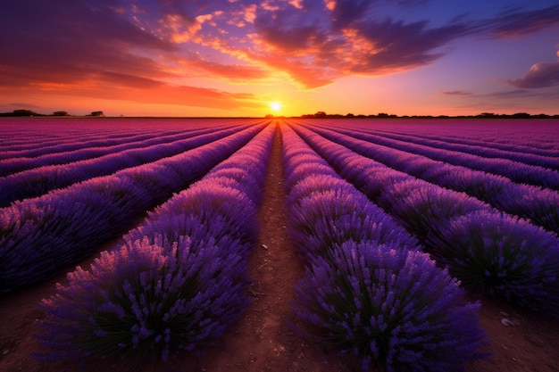 Mooie zonsondergang hemel over rijen paarse lavendel in een veld