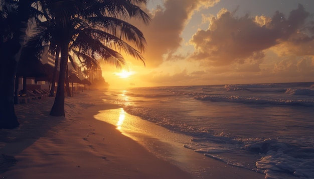 Mooie zonsondergang op het strand met palmbomen en golven.