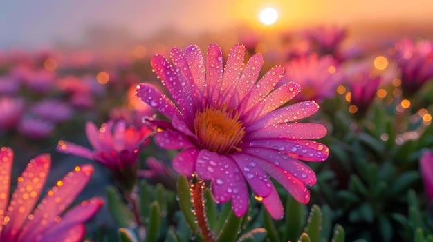 Mooie zonsopgang dauw op levendige roze madeliefje in een weelderig veld magisch ochtendlicht achtergrond