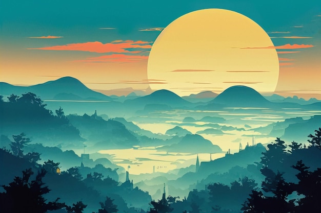Mooie zonsopgang landschap anime art Mooi landschap in de bergen bij zonsopgang