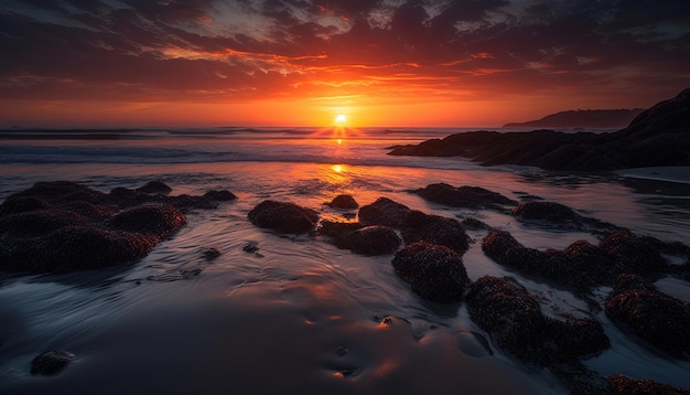 Mooie zonsopgang met de rotsen op de voorgrond de oceaan en de zon op de achtergrond