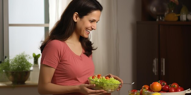 Mooie zwangere vrouw die fruitsalade eet en glimlacht