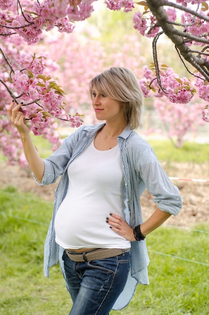 Mooie zwangere vrouw in vrijetijdskleding dichtbij met sakura bloeiende boom