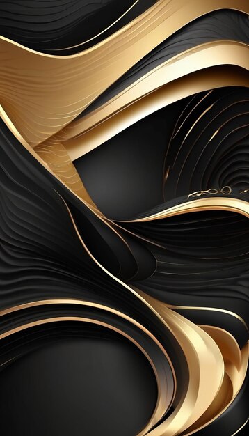 Mooie zwarte abstracte luxe achtergrond met 3D textuur van golvende lijnen met gouden elementen