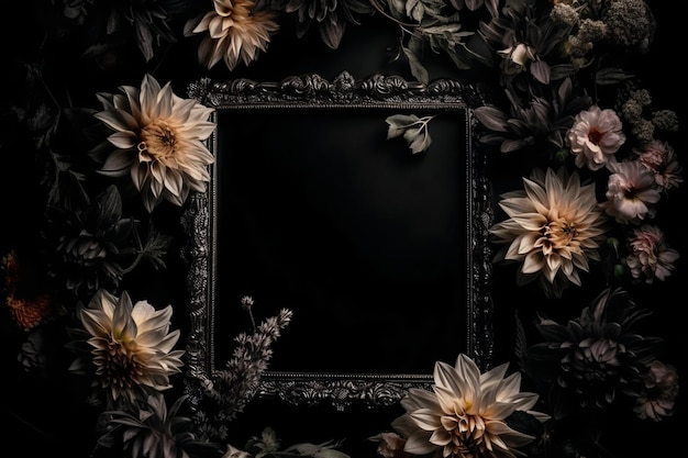 Mooie zwarte achtergrond met bloemen en kopie ruimte Lege ruimte voor tekst Frame donkere achtergrond Generatieve AI
