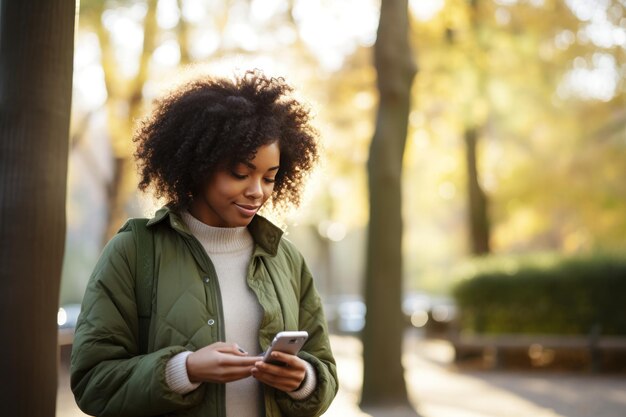 Mooie zwarte vrouw met haar mobiele telefoon met vingers op het scherm