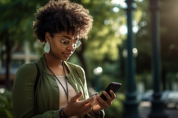 Mooie zwarte vrouw met haar mobiele telefoon met vingers op het scherm