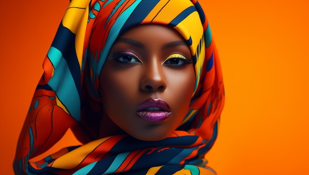 Mooie zwarte vrouw met make-up en een sjaal op haar hoofd op een oranje achtergrond