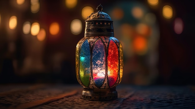 Moon And Arabian Lantern With Blue Sky At Night With Abstract Defocused LightsGenerative AI