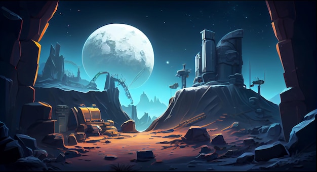 Moon base 2D background environment for a mobile game A high quality horizontal background landscape Gaming template design location Generative ai