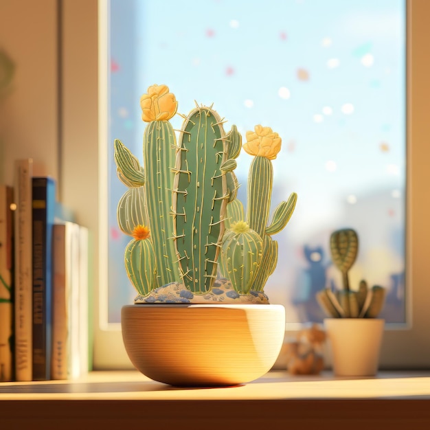 Moon Cactus in a small vase It sits on the desk by the window Generative AI