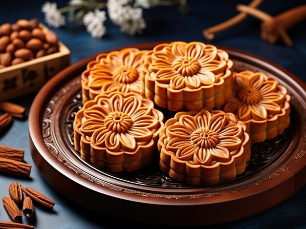 Moon cake MidAutumn Festival concept Close up dessert white flower decoration