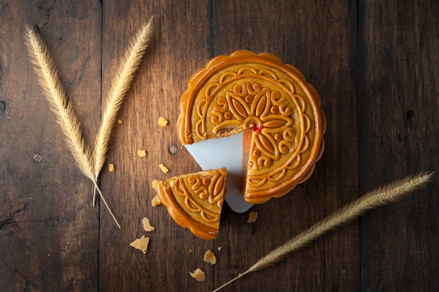 Moon cake on the wood background 