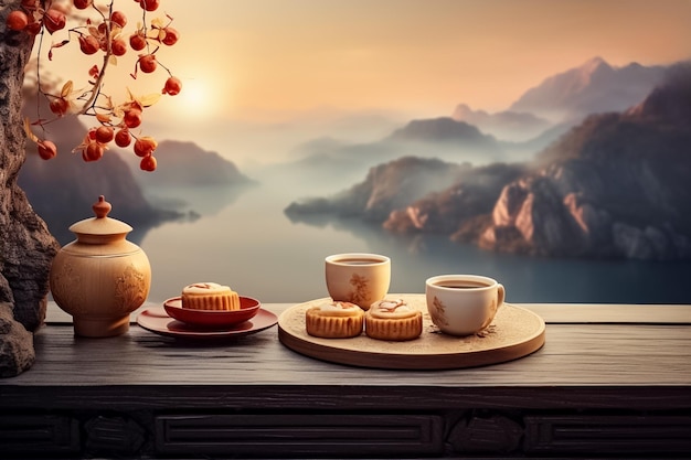 Moon cakes and tea cup on pedestal stone mountainous background Chinese festival Ai generated