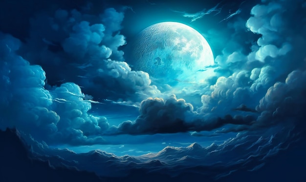 푸른 밤하늘에 달과 구름