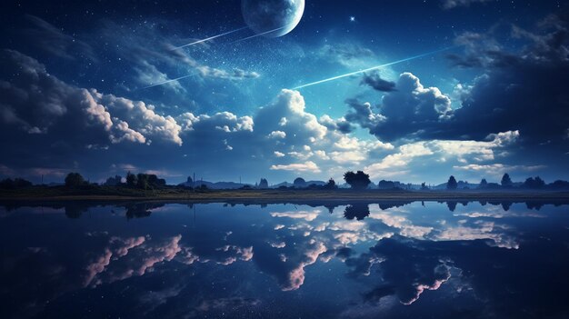 a moon and clouds are reflected in a lake.