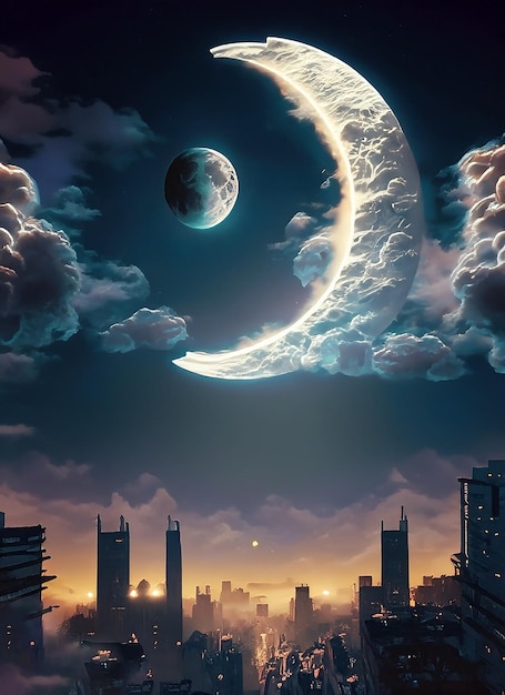 Moon and clouds in a night city Generative Ai