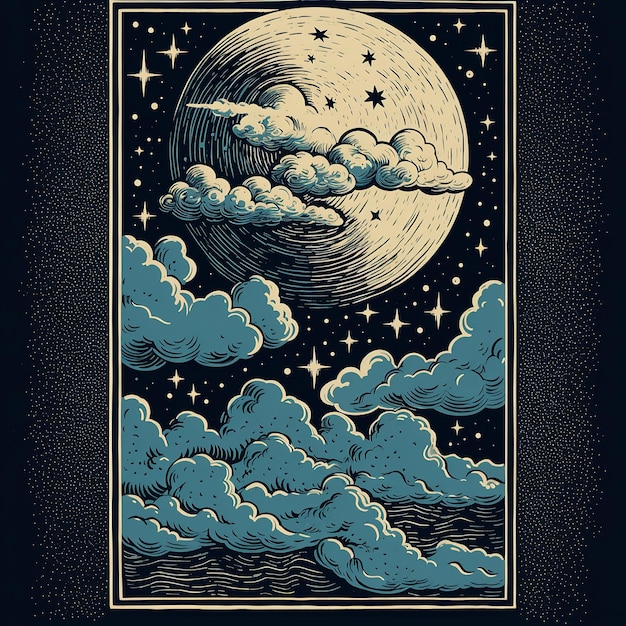 moon and clouds stamp poster