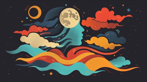 Moon clouds and stars in the night sky Colorful abstract background