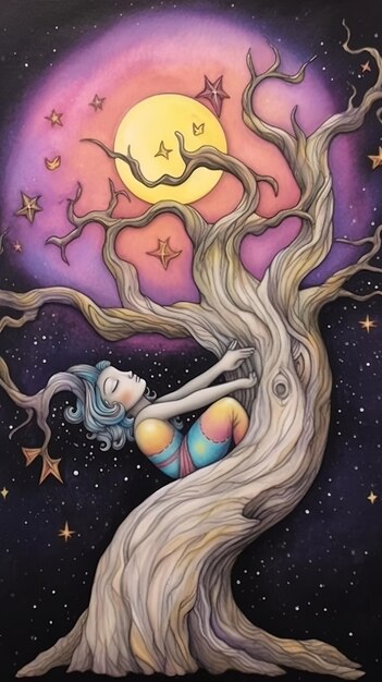 the moon and the girl under the tree