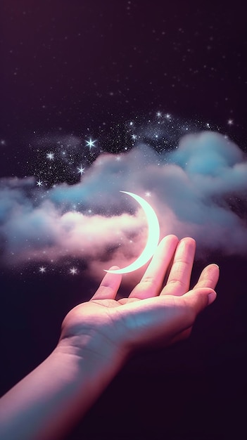 moon on hand night sky dark stars background space