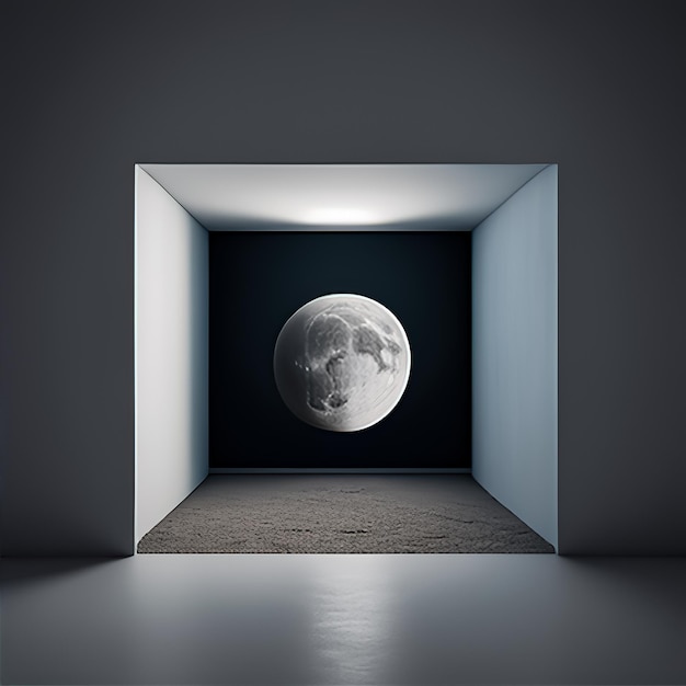 the moon hovering in an austere room with a white