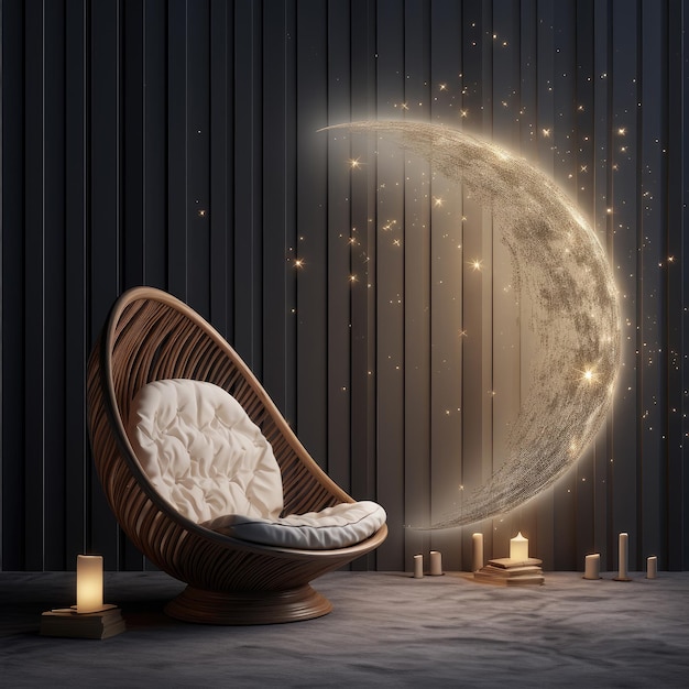 Moon illuminating dark landscape with armchair and decor on sand Ai generated illustration