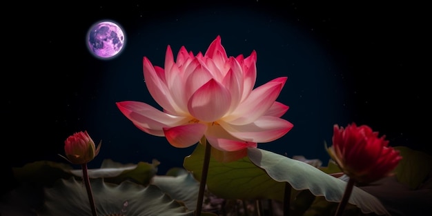 The moon is behind a lotus flower