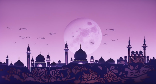 The moon is out on a purple sky with silhouettes of houses and mosques