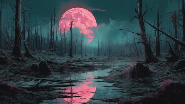 月は曇っていて暗いピンク色の月です。