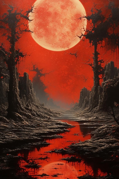 The moon is a red moon that is overcast and the water is a reflection of the moon