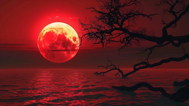 the moon is a red moon that is over the water