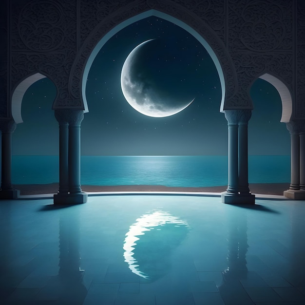 A moon is reflected in a doorway of a building with a blue sky and a sea in the background